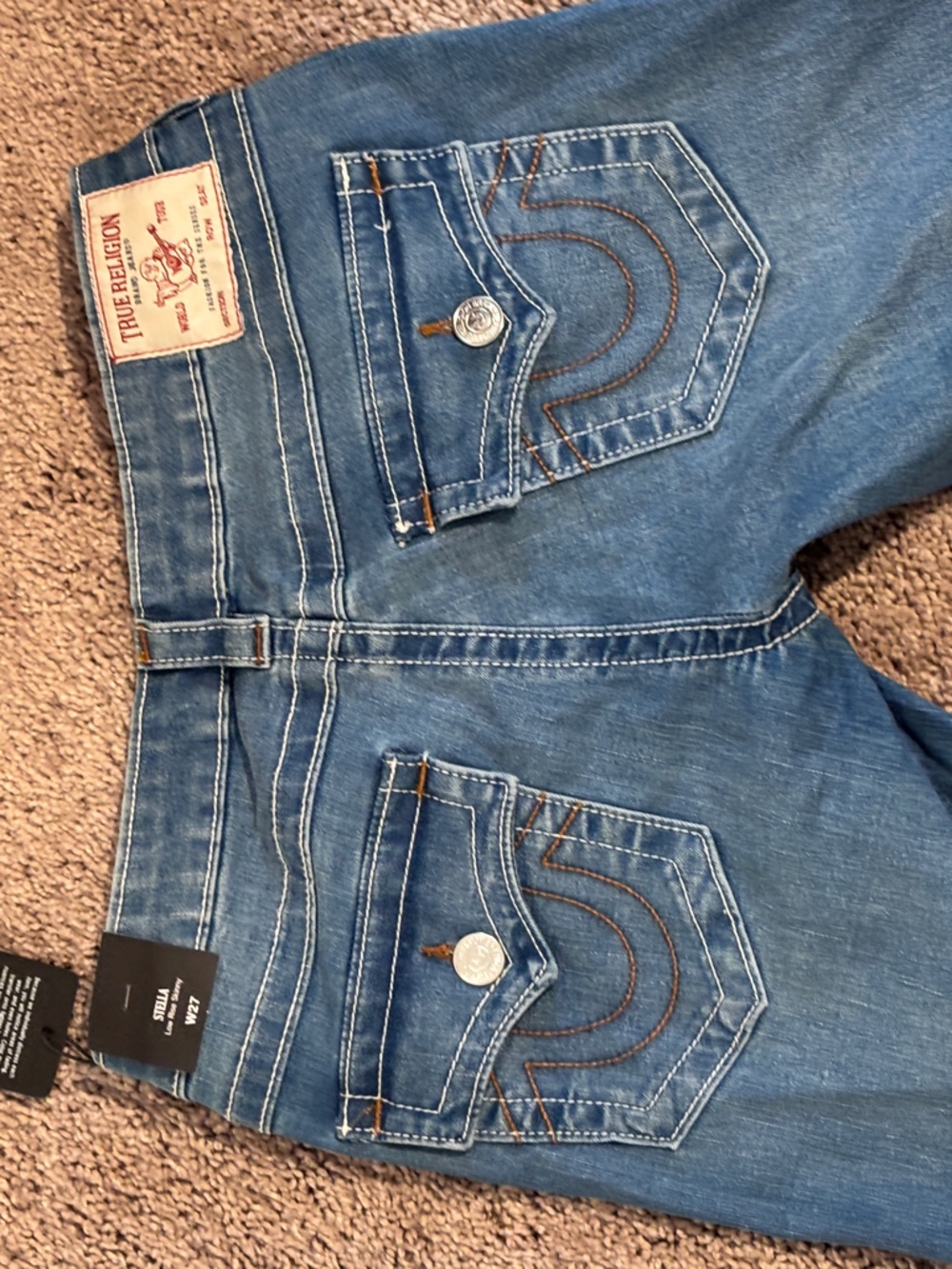 True Religion Women's Blue Denim Overalls with Contrast Stitching